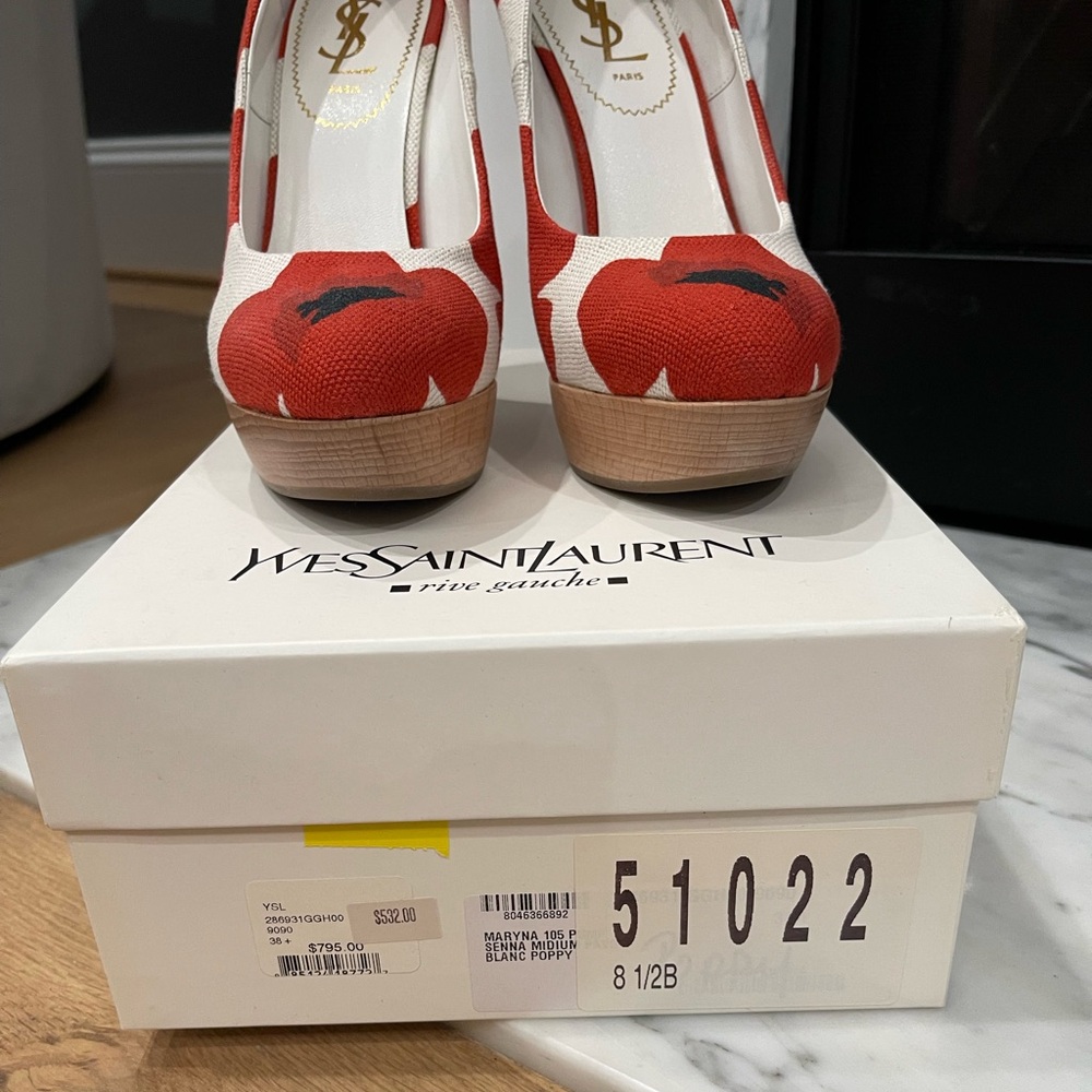 Yves Saint Laurent Red and Cream Floral Wedges